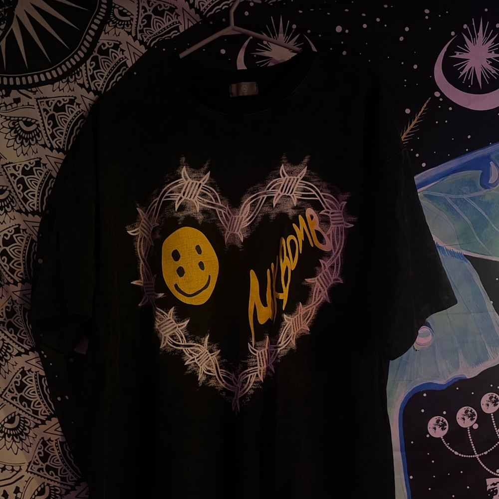 Black Graphic Tee with Heart and Smiley Design